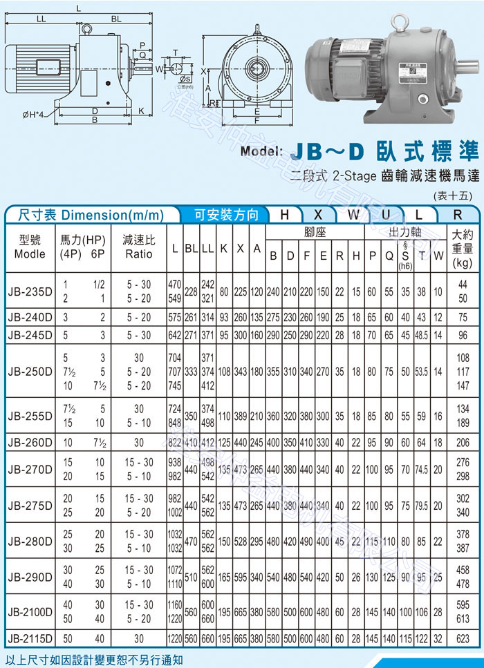 台湾减速机-秋葵视频IOS下载无限看强力型减速机 JB-D卧式标准（二段式2-Stage秋葵视频污污污下载网站马达）